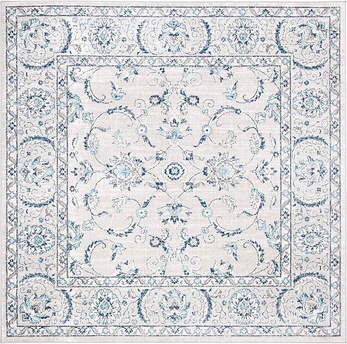 SAFAVIEH Brentwood Collection Area Rug - 6'7" Square, Light Grey & Blue, Oriental Floral Scroll Design, Non-Shedding & Easy Care, Ideal for High Traffic Areas in Living Room, Bedroom (BNT854G)