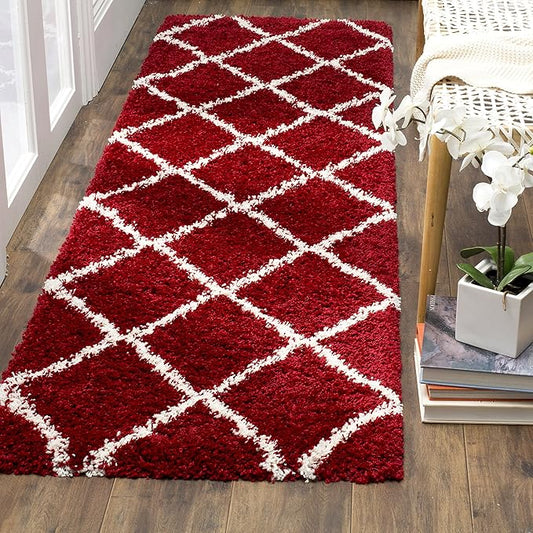 SAFAVIEH Hudson Shag Collection Runner Rug - 2'3" x 16', Red & Ivory, Modern Trellis Design, Non-Shedding & Easy Care, 2-inch Thick Ideal for High Traffic Areas in Living Room, Bedroom (SGH281R)