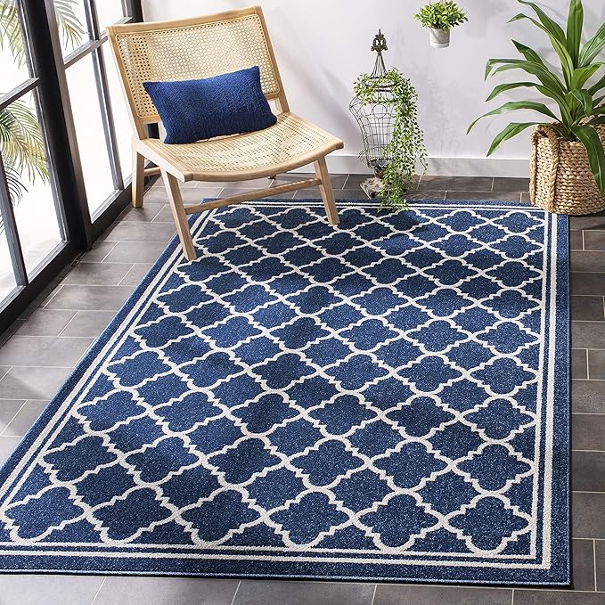 SAFAVIEH Amherst Collection Accent Rug - 3' x 5', Navy & Beige, Moroccan Trellis Design, Non-Shedding & Easy Care, Ideal for High Traffic Areas in Entryway, Living Room, Bedroom (AMT422P)