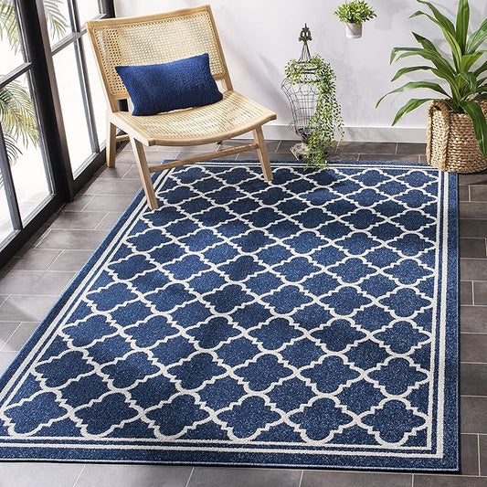 SAFAVIEH Amherst Collection Accent Rug - 3' x 5', Navy & Beige, Moroccan Trellis Design, Non-Shedding & Easy Care, Ideal for High Traffic Areas in Entryway, Living Room, Bedroom (AMT422P)