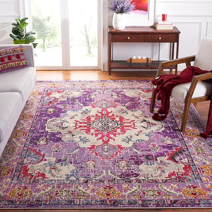 SAFAVIEH Monaco Collection Area Rug - 2'2" x 4', Violet & Fuchsia, Non-Shedding & Easy to Clean, Distressed Medallion Design, Ideal for Front Door, Kitchen, Entryway, Accent Space (MNC243P)