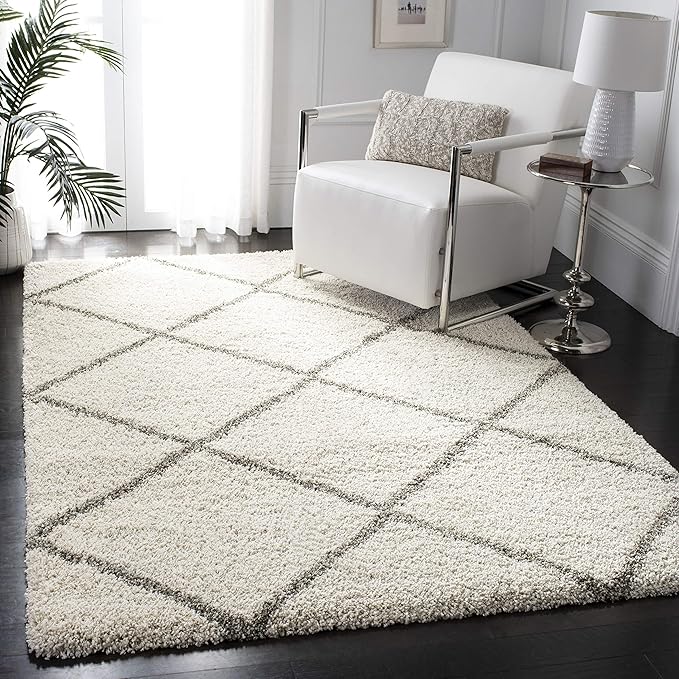 SAFAVIEH Hudson Shag Collection Area Rug - 3' Square, Ivory & Grey, Modern Trellis Design, Non-Shedding & Easy Care, 2-inch Thick Ideal for High Traffic Areas in Living Room, Bedroom (SGH281A)