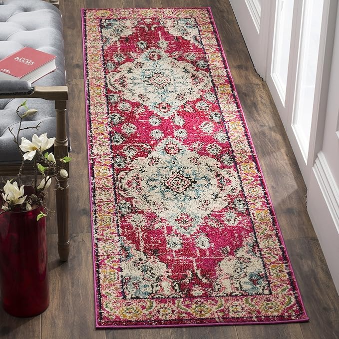 SAFAVIEH Monaco Collection Runner Rug - 2'2" x 12', Pink & Multi, Non-Shedding & Easy to Clean, Distressed Medallion Design, Ideal for Hallway, Foyer, Entryway, Kitchen, Bedroom (MNC243D)