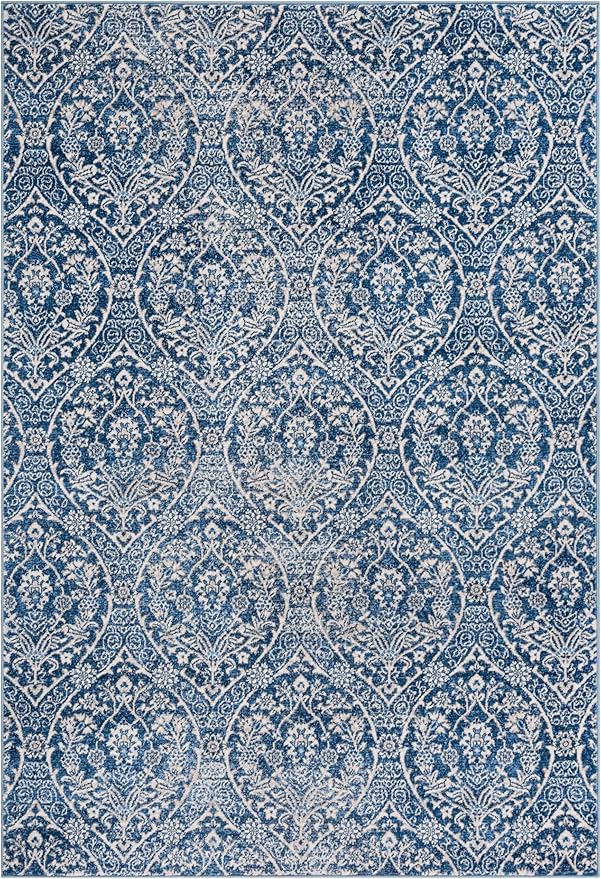 SAFAVIEH Brentwood Collection Area Rug - 6' x 9', Navy & Light Grey, Floral Damask Ogee Trellis Design, Non-Shedding & Easy Care, Ideal for High Traffic Areas in Living Room, Bedroom (BNT860M)
