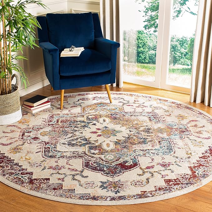 SAFAVIEH Crystal Collection Area Rug - 5' Round, Light Blue & Burgundy, Medallion Distressed Design, Non-Shedding & Easy Care, Ideal for High Traffic Areas in Living Room, Bedroom (CRS501F)