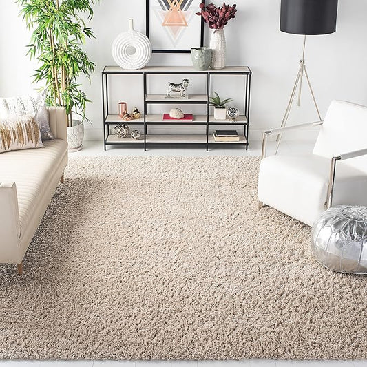 SAFAVIEH August Shag Collection Area Rug - 6'7" Square, Beige, Solid Design, Non-Shedding & Easy Care, 1.5-inch Thick Ideal for High Traffic Areas in Living Room, Bedroom (AUG200D)