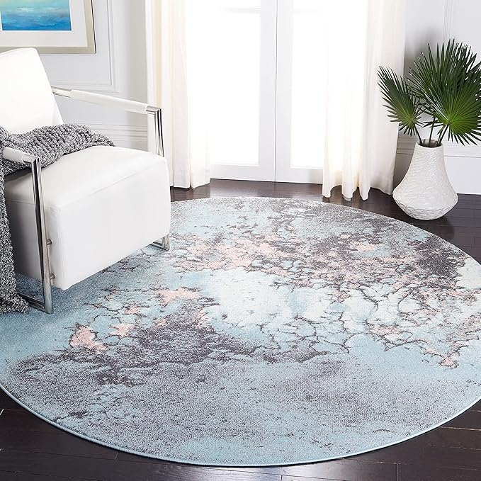 SAFAVIEH Glacier Collection 5'3" Round Blue/Pink GLA125L Abstract Non-Shedding Living Room Dining Bedroom Foyer Area Rug
