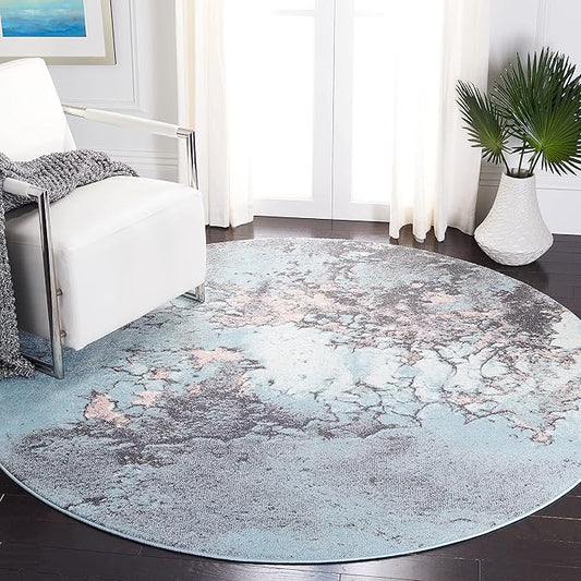 SAFAVIEH Glacier Collection 3' Round Blue/Pink GLA125L Modern Abstract Non-Shedding Living Room Bedroom Area Rug