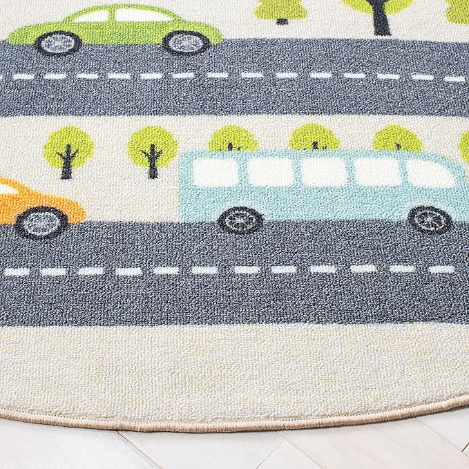 SAFAVIEH Washable Rug Kids Playhouse Collection - 6'7" Round, Beige & Green, Slip Resistant & Easy to Clean, Ideal for Kids Room, Playroom, Nursery, Boys & Girls Room (KPH227A)