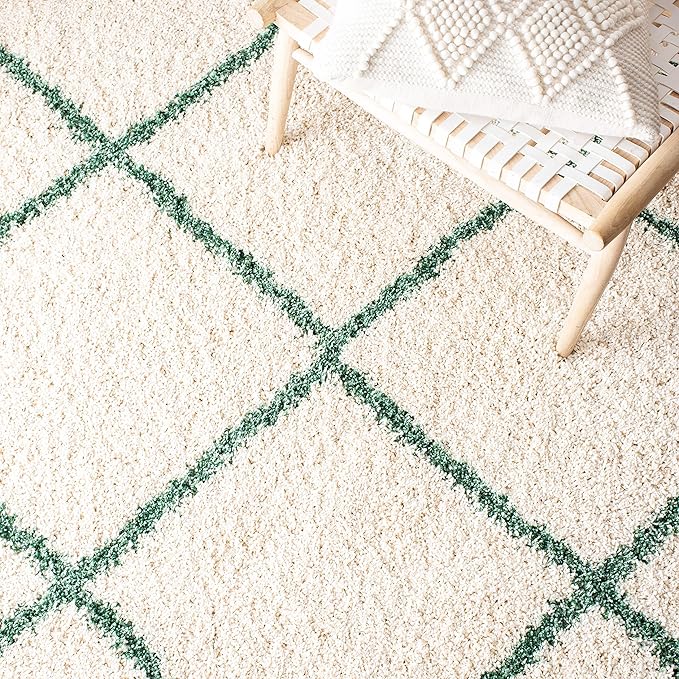 SAFAVIEH Hudson Shag Collection 5'3" x 7'6" Ivory / Green SGH281X Modern Diamond Trellis Non-Shedding Living Room Bedroom Dining Room Entryway Plush 2-inch Thick Area Rug
