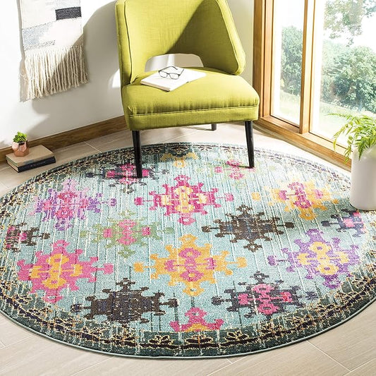 SAFAVIEH Monaco Collection 6'7" Round Blue/Multi MNC244N Boho Diamond Trellis Non-Shedding Dining Room Entryway Foyer Living Room Bedroom Area Rug