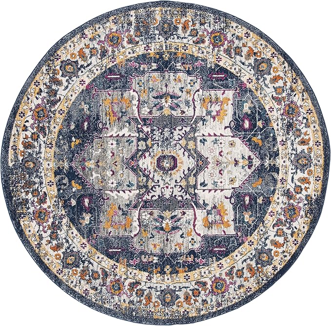 SAFAVIEH Evoke Collection Area Rug - 6'7" Round, Navy & Grey, Oriental Medallion Distressed Design, Non-Shedding & Easy Care, Ideal for High Traffic Areas in Living Room, Bedroom (EVK275N)