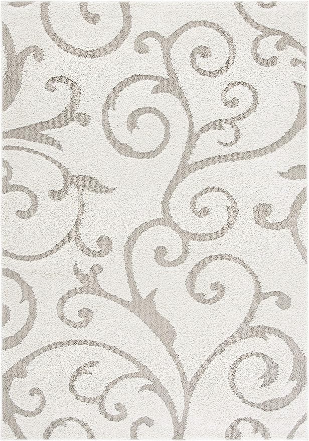 SAFAVIEH Florida Shag Collection Area Rug - 6' x 9', Ivory & Beige, Scroll Design, Non-Shedding & Easy to Clean, High-Low Plush Pile, Ideal for Living Room, Bedroom, Dining Space (SG455-13LT)