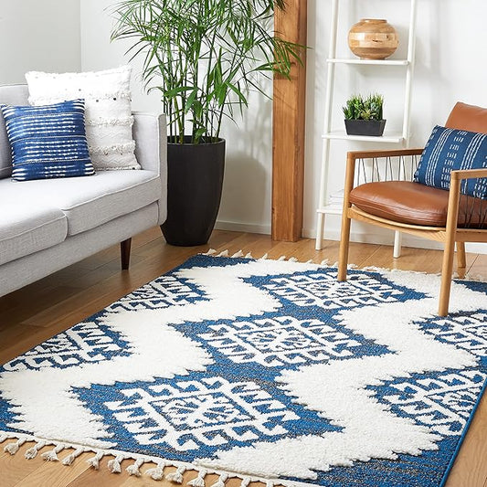 SAFAVIEH Moroccan Tassel Shag Collection Area Rug - 6'7" x 9'2", Navy & Ivory, Rustic Trellis, Non-Shedding & Easy Care, 2-inch Thick Ideal for High Traffic Areas in Living Room, Bedroom (MTS652N)