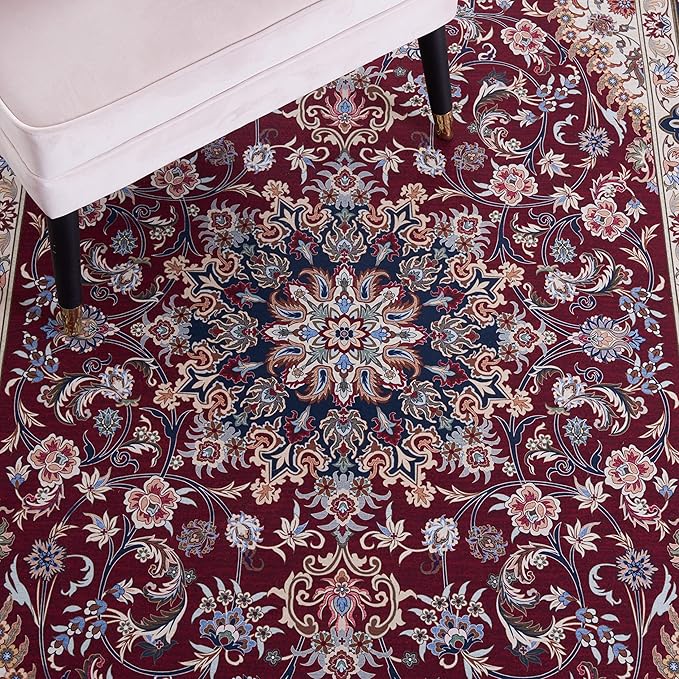 SAFAVIEH Washable Rug Tucson Collection - 9' x 12', Red & Navy, Slip Resistant & Easy to Clean, Ideal for Living Room, Bedroom, Dining Space (TSN135Q)