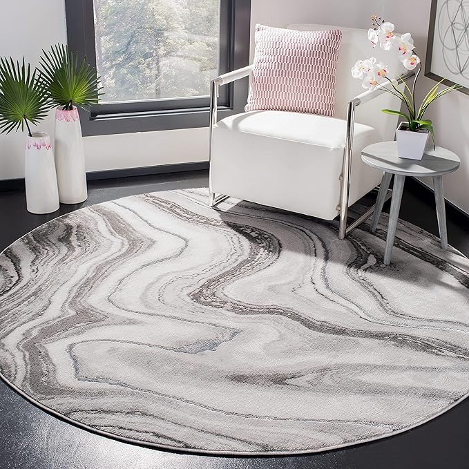 SAFAVIEH Craft Collection Area Rug - 6'7" Round, Grey & Silver, Modern Abstract Design, Non-Shedding & Easy Care, Ideal for High Traffic Areas in Living Room, Bedroom (CFT819G)