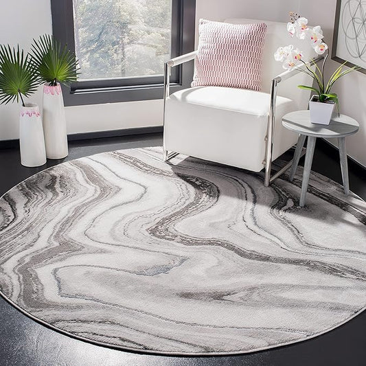 SAFAVIEH Craft Collection Area Rug - 6'7" Round, Grey & Silver, Modern Abstract Design, Non-Shedding & Easy Care, Ideal for High Traffic Areas in Living Room, Bedroom (CFT819G)