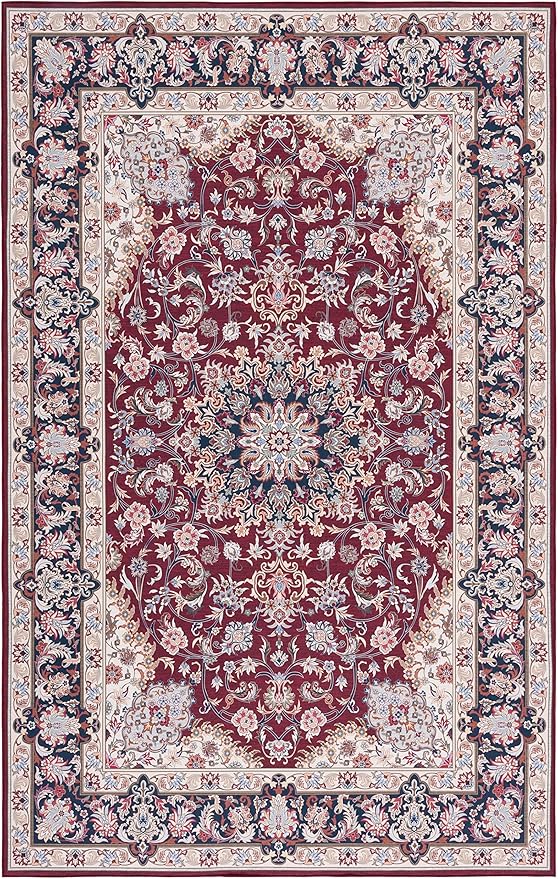 SAFAVIEH Washable Rug Tucson Collection - 5' x 8', Red & Navy, Slip Resistant & Easy to Clean, Ideal for Living Room, Bedroom, Dining Space (TSN135Q)