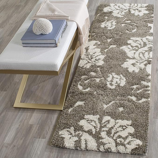 SAFAVIEH Florida Shag Collection Runner Rug - 2'3" x 7', Smoke & Beige, Floral Design, Non-Shedding & Easy Care, 1.2-inch Thick Ideal for High Traffic Areas in Living Room, Bedroom (SG458-7913)
