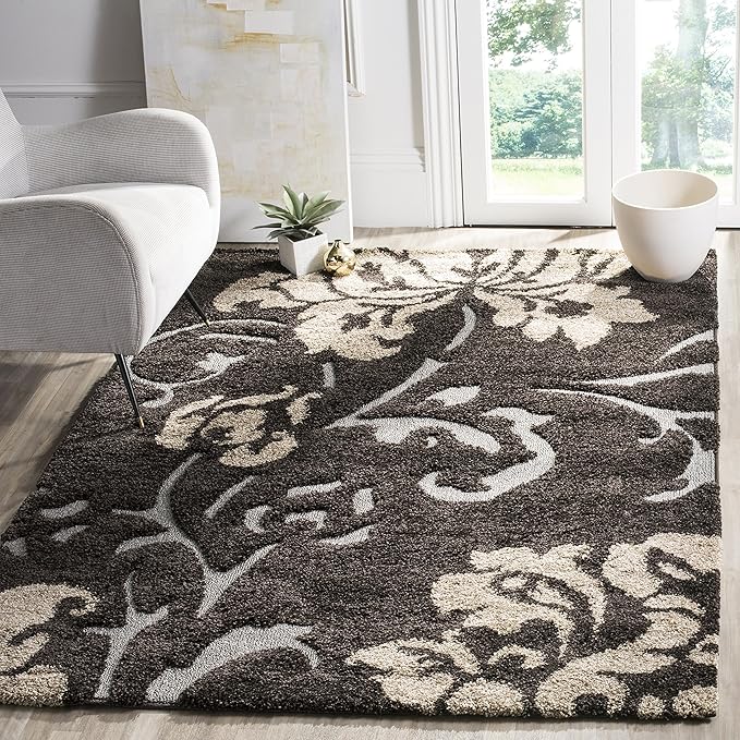 SAFAVIEH Florida Shag Collection Area Rug - 5'3" x 7'6", Dark Brown & Smoke, Floral Design, Non-Shedding & Easy Care, 1.2-inch Thick Ideal for High Traffic Areas in Living Room, Bedroom (SG458-2879)