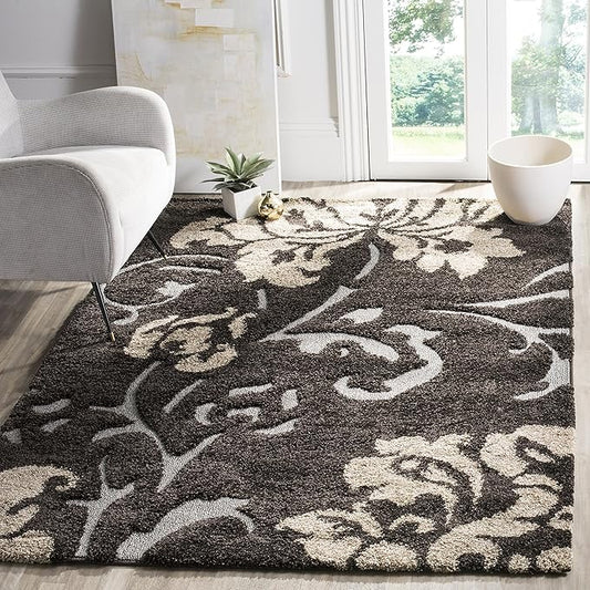 SAFAVIEH Florida Shag Collection Area Rug - 5'3" x 7'6", Dark Brown & Smoke, Floral Design, Non-Shedding & Easy Care, 1.2-inch Thick Ideal for High Traffic Areas in Living Room, Bedroom (SG458-2879)