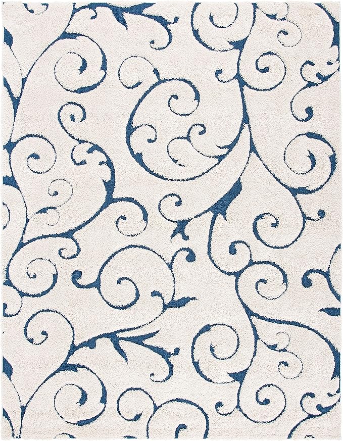 SAFAVIEH Area Rug 9x12 - Florida Shag Collection - Large - Cream & Blue, Scroll Design, Non-Shedding & Easy to Clean, High-Low Plush Pile, Ideal for Living Room, Bedroom, Dining Space (SG455-1165)