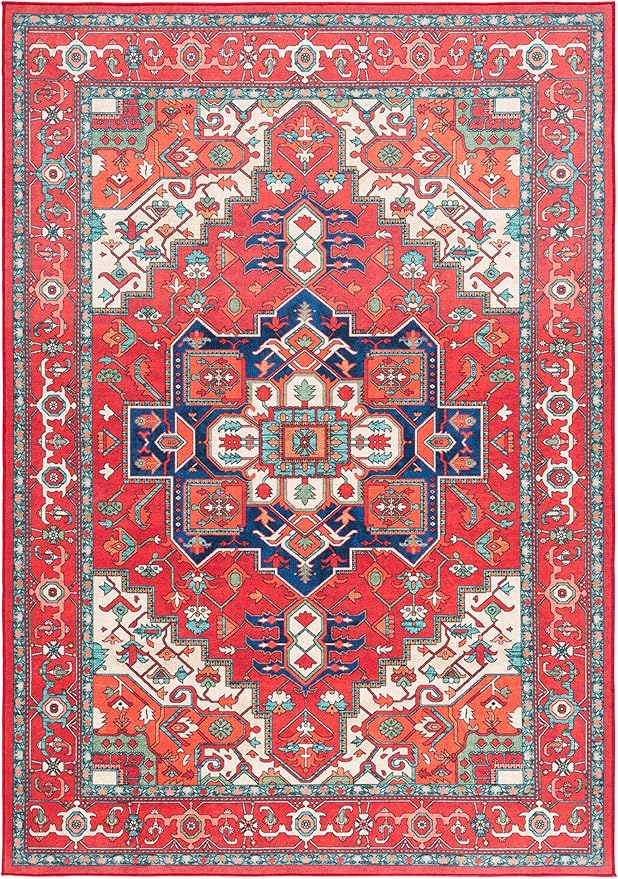 SAFAVIEH Washable Rug Orlando Collection - 4' x 6', Red & Beige, Non-Shedding & Easy to Clean, Ideal for Foyer, Kitchen, Nursery, Office, Bedroom (ORL758Q)
