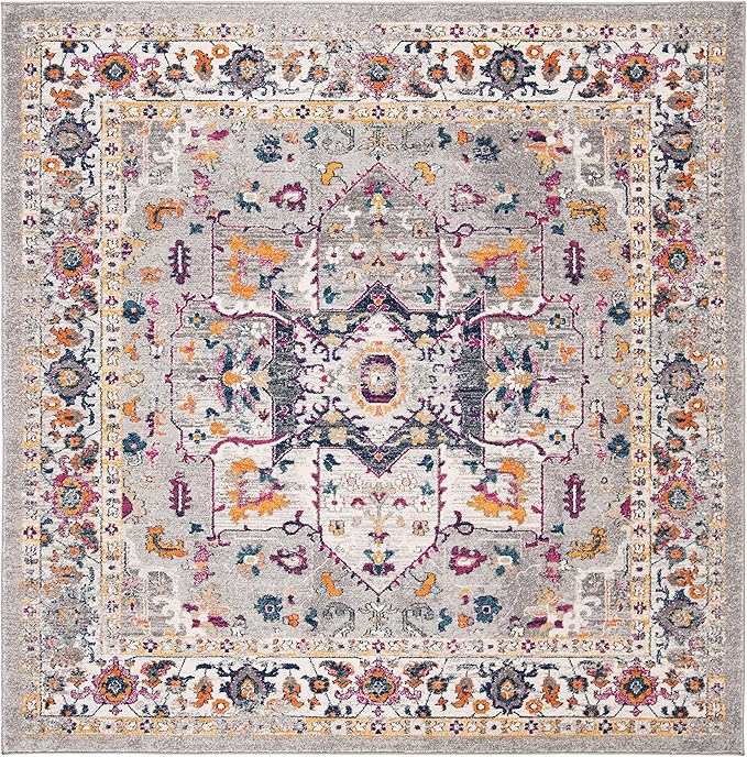 SAFAVIEH Evoke Collection Area Rug - 6'7" Square, Grey & Grey, Oriental Medallion Distressed Design, Non-Shedding & Easy Care, Ideal for High Traffic Areas in Living Room, Bedroom (EVK275H)