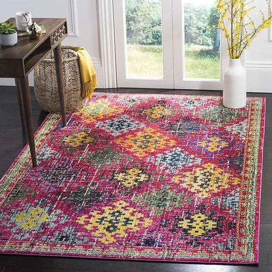 SAFAVIEH Monaco Collection Area Rug - 5'1" x 7'7", Fuchsia & Multi, Boho Diamond Trellis Design, Non-Shedding & Easy Care, Ideal for High Traffic Areas in Living Room, Bedroom (MNC244D)