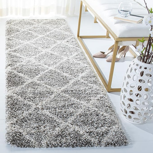 SAFAVIEH Hudson Shag Collection Runner Rug - 2'3" x 6', Distressed Grey & Ivory, Trellis Design, Non-Shedding & Easy Care, 2-inch Thick Ideal for High Traffic Areas in Living Room, Bedroom (SGH281K)