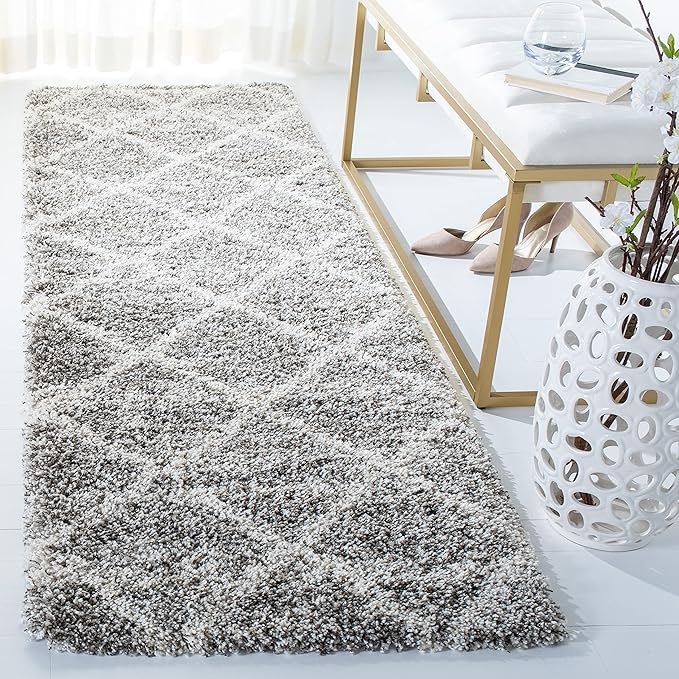 SAFAVIEH Hudson Shag Collection Runner Rug - 2'3" x 10', Distressed Grey & Ivory, Trellis Design, Non-Shedding & Easy Care, 2-inch Thick Ideal for High Traffic Areas in Living Room, Bedroom (SGH281K)