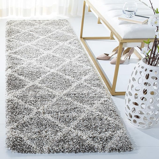 SAFAVIEH Hudson Shag Collection Runner Rug - 2'3" x 12', Distressed Grey & Ivory, Trellis Design, Non-Shedding & Easy Care, 2-inch Thick Ideal for High Traffic Areas in Living Room, Bedroom (SGH281K)