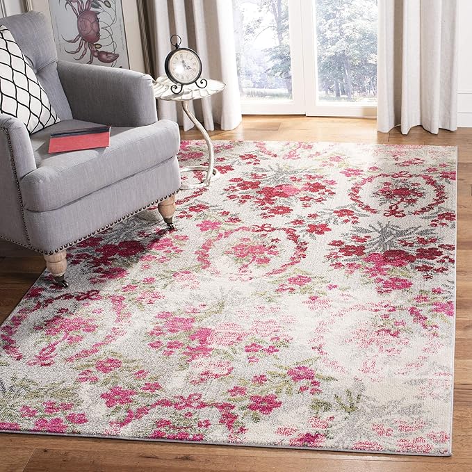 SAFAVIEH Monaco Collection Accent Rug - 3' x 5', Ivory & Pink, Floral Design, Non-Shedding & Easy Care, Ideal for High Traffic Areas in Entryway, Living Room, Bedroom (MNC205R)