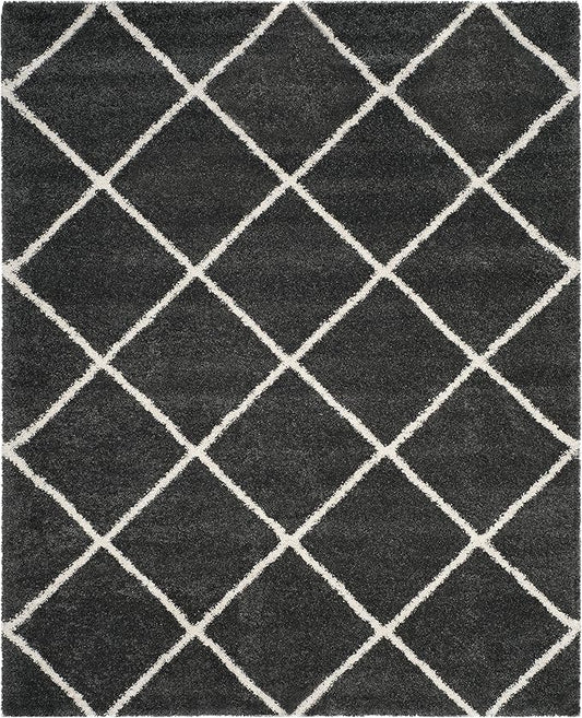 SAFAVIEH Hudson Shag Collection Area Rug - 8' Square, Dark Grey & Ivory, Trellis Design, 2-inch Thick, Ideal for The Living Room, Dining, Bedroom (SGH281G)