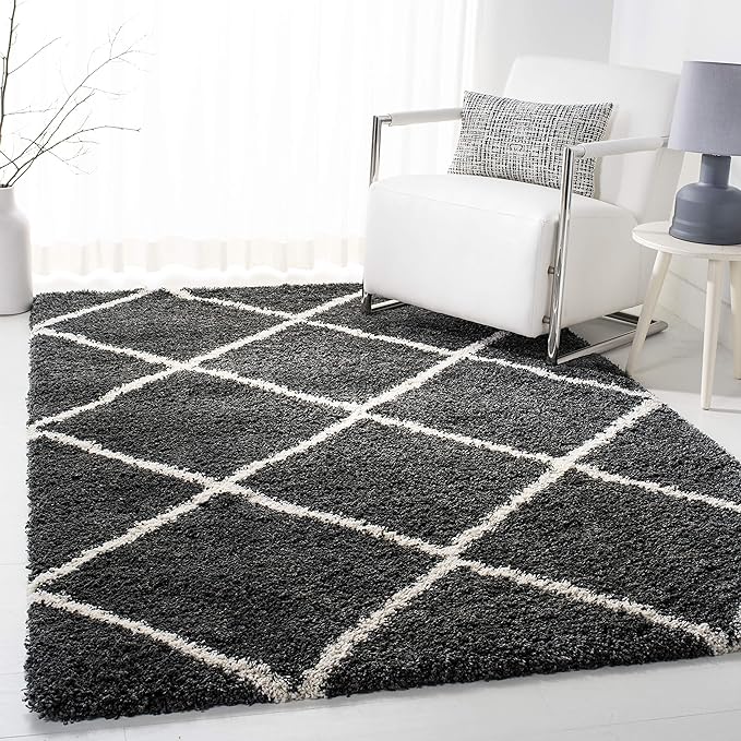 SAFAVIEH Hudson Shag Collection Area Rug - 5'3" x 7'6", Dark Grey & Ivory, Modern Trellis Design, Non-Shedding & Easy Care, 2-inch Thick Ideal for High Traffic Areas in Living Room, Bedroom (SGH281G)