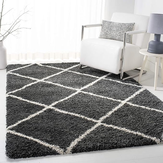 SAFAVIEH Hudson Shag Collection Area Rug - 5'3" x 7'6", Dark Grey & Ivory, Modern Trellis Design, Non-Shedding & Easy Care, 2-inch Thick Ideal for High Traffic Areas in Living Room, Bedroom (SGH281G)