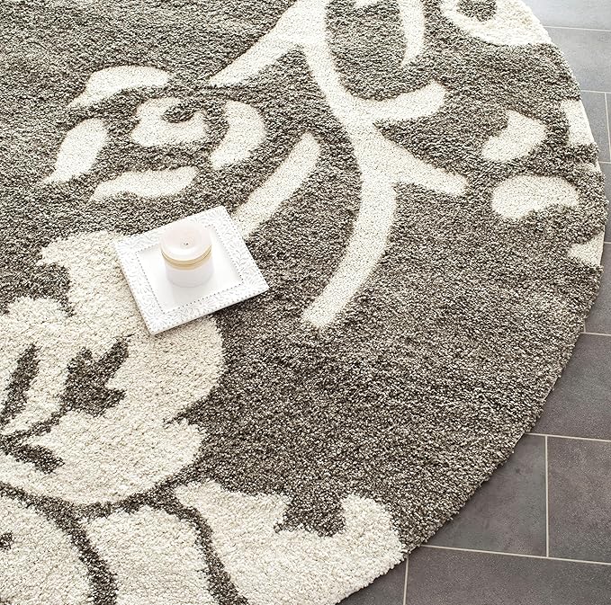 SAFAVIEH Florida Shag Collection 6'7" Round Smoke / Beige SG458 Floral Non-Shedding Living Room Bedroom Dining Room Entryway Plush 1.2-inch Thick Area Rug