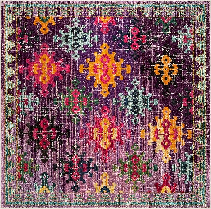 SAFAVIEH Monaco Collection Area Rug - 6'7" Square, Purple & Multi, Boho Diamond Trellis Design, Non-Shedding & Easy Care, Ideal for High Traffic Areas in Living Room, Bedroom (MNC244P)