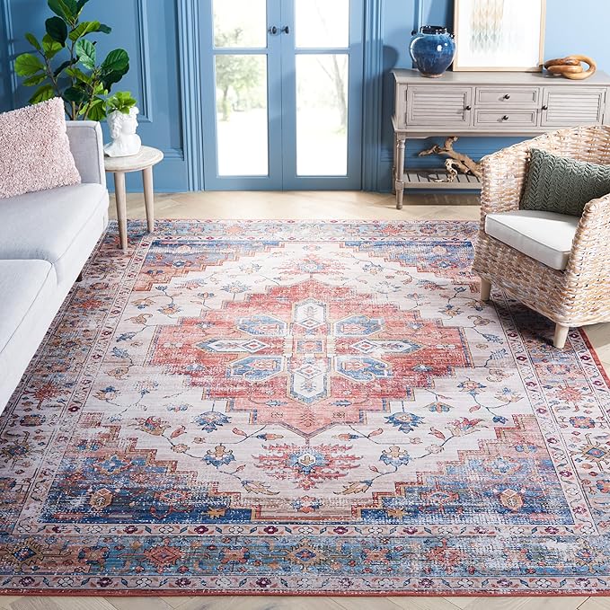 SAFAVIEH Washable Rug Tucson Collection - 10' x 14', Beige & Blue, Slip Resistant & Easy to Clean, Ideal for Living Room, Bedroom, Dining Space (TSN109B)