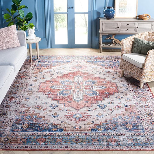 SAFAVIEH Washable Rug Tucson Collection - 10' x 14', Beige & Blue, Slip Resistant & Easy to Clean, Ideal for Living Room, Bedroom, Dining Space (TSN109B)