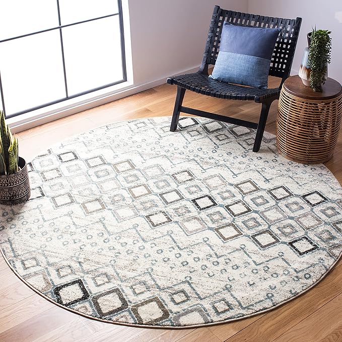 SAFAVIEH Amsterdam Collection 3' Round Ivory/Grey AMS108A Moroccan Boho Non-Shedding Dining Room Entryway Foyer Living Room Bedroom Area Rug