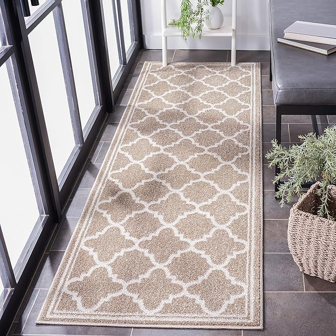 SAFAVIEH Amherst Collection Runner Rug - 2'3" x 15', Wheat & Beige, Moroccan Trellis Design, Non-Shedding & Easy Care, Ideal for High Traffic Areas in Living Room, Bedroom (AMT422S)