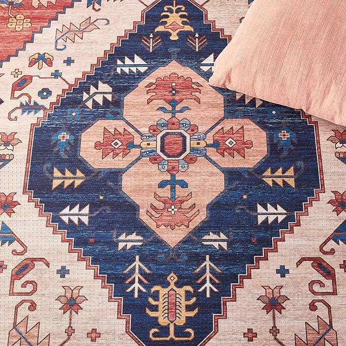 SAFAVIEH Washable Rug Tucson Collection - 2'6' x 10' Runner, Rust & Blue, Slip Resistant & Easy to Clean, Ideal for Living Room, Bedroom, Dining Space (TSN153P)