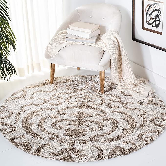SAFAVIEH Florida Shag Collection 5' Round Cream/Beige SG462 Damask Non-Shedding Living Room Bedroom Dining Room Entryway Plush 1.2-inch Thick Area Rug