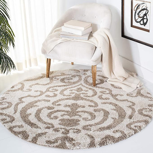 SAFAVIEH Florida Shag Collection 5' Round Cream/Beige SG462 Damask Non-Shedding Living Room Bedroom Dining Room Entryway Plush 1.2-inch Thick Area Rug