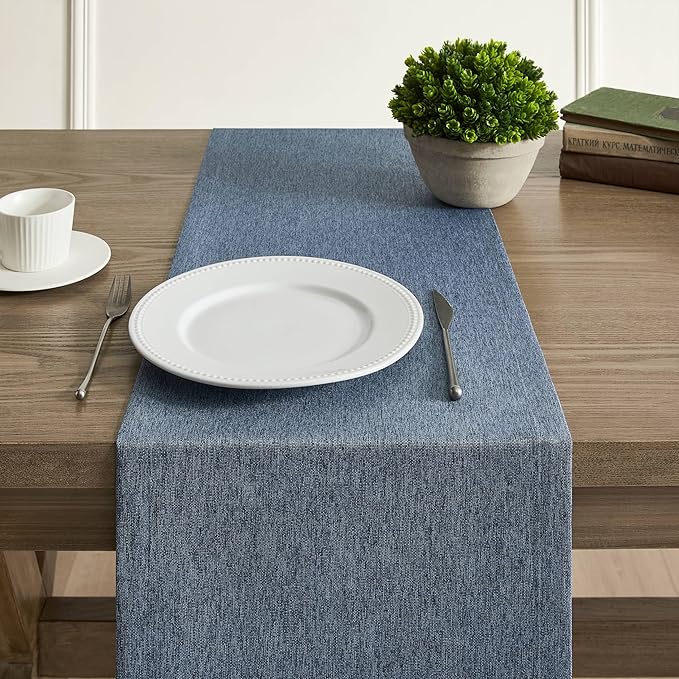 ZeeMart Basic Linen Style Table Runner, 14 x 90 Inch Navy Blue, Rustic Farmhouse Blue Table Runners 90 Inches Long, Everyday Polyester Table Runner - Machine Washable & Easy Care