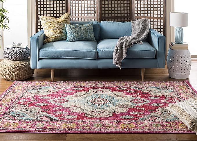 SAFAVIEH Monaco Collection Area Rug - 4' x 5'7", Pink & Multi, Non-Shedding & Easy to Clean, Distressed Medallion Design, Ideal for Living Room, Bedroom, Dining Space (MNC243D)