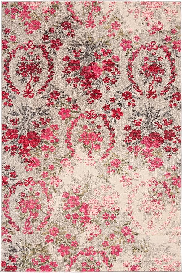 SAFAVIEH Monaco Collection Accent Rug - 4' x 5'7", Ivory & Pink, Floral Design, Non-Shedding & Easy Care, Ideal for High Traffic Areas in Entryway, Living Room, Bedroom (MNC205R)