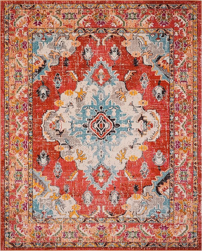 SAFAVIEH Monaco Collection Area Rug - 9' x 12', Orange & Light Blue, Non-Shedding & Easy to Clean, Distressed Medallion Design, Ideal for Living Room, Bedroom, Dining Space (MNC243H)
