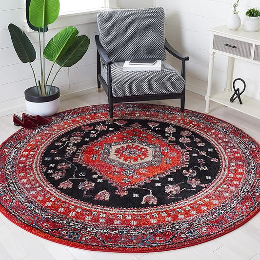 SAFAVIEH Vintage Hamadan Collection Area Rug - 6'7" Round, Red & Black, Traditional Oriental Design, Non-Shedding & Easy Care, Ideal for High Traffic Areas in Living Room, Bedroom (VTH204Q)